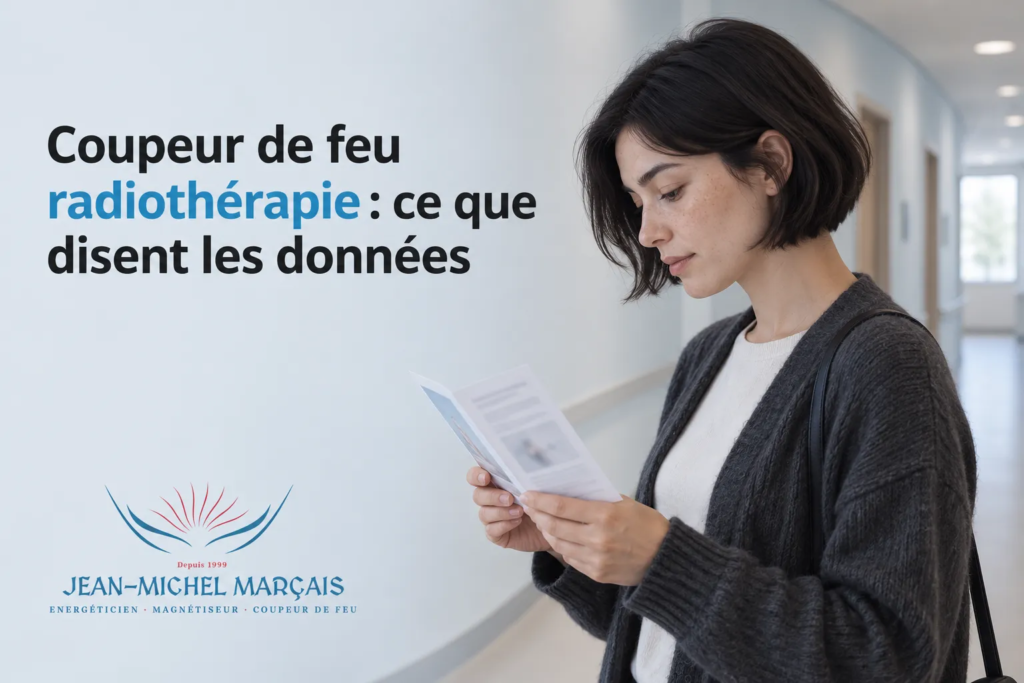 Une femme lit un document dans un couloir, portant un sac et une veste sombre.