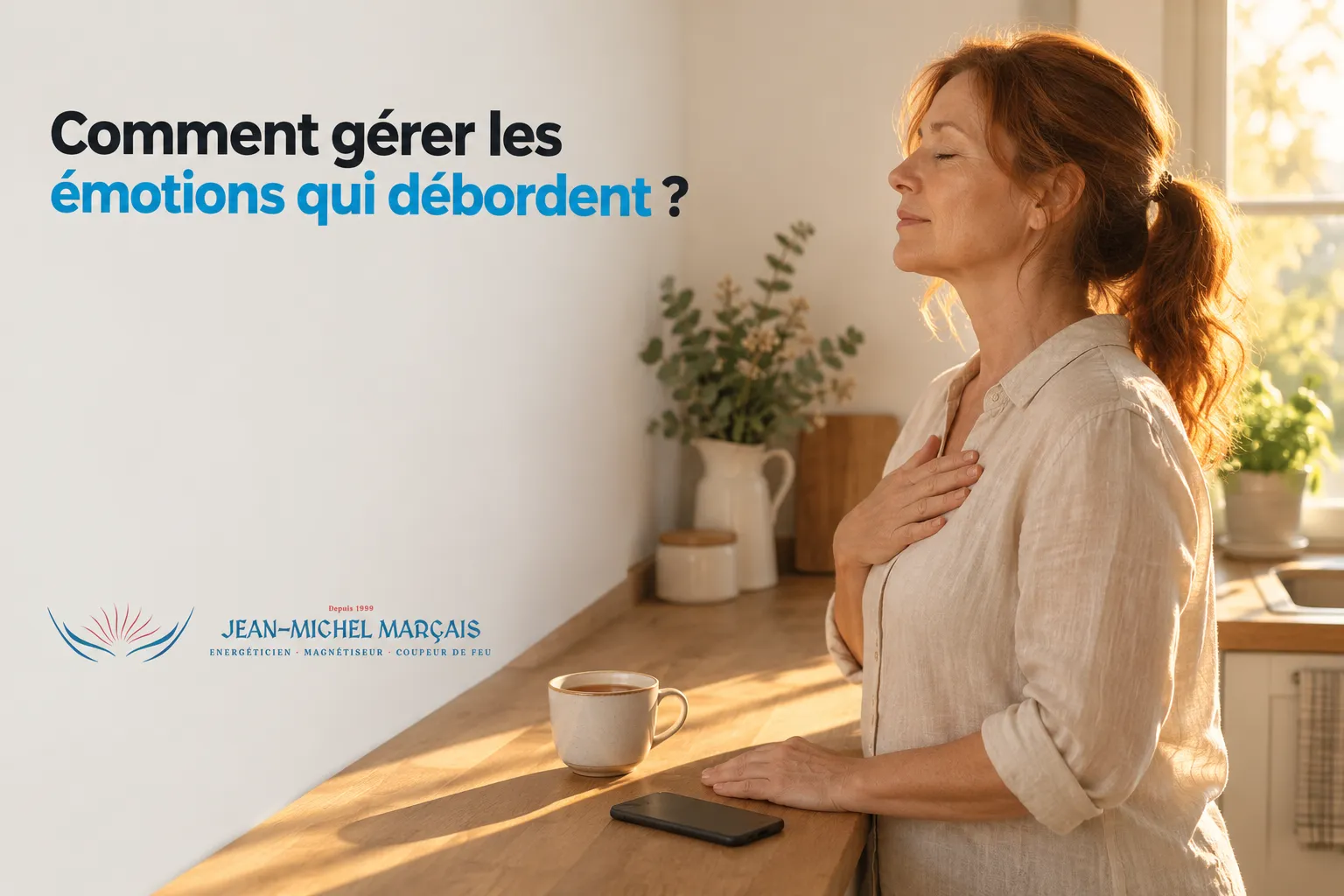 Une femme se tenant le buste contre la poitrine devant une table de cuisine, les yeux fermés et une tasse à la main.