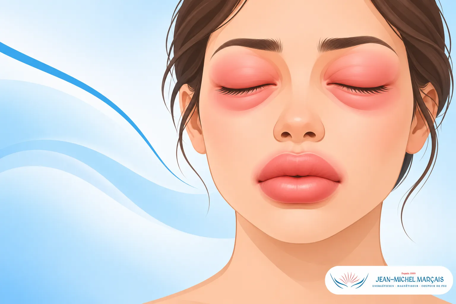 Une femme avec les yeux clos et les lèvres gonflées, illustration médicale.
