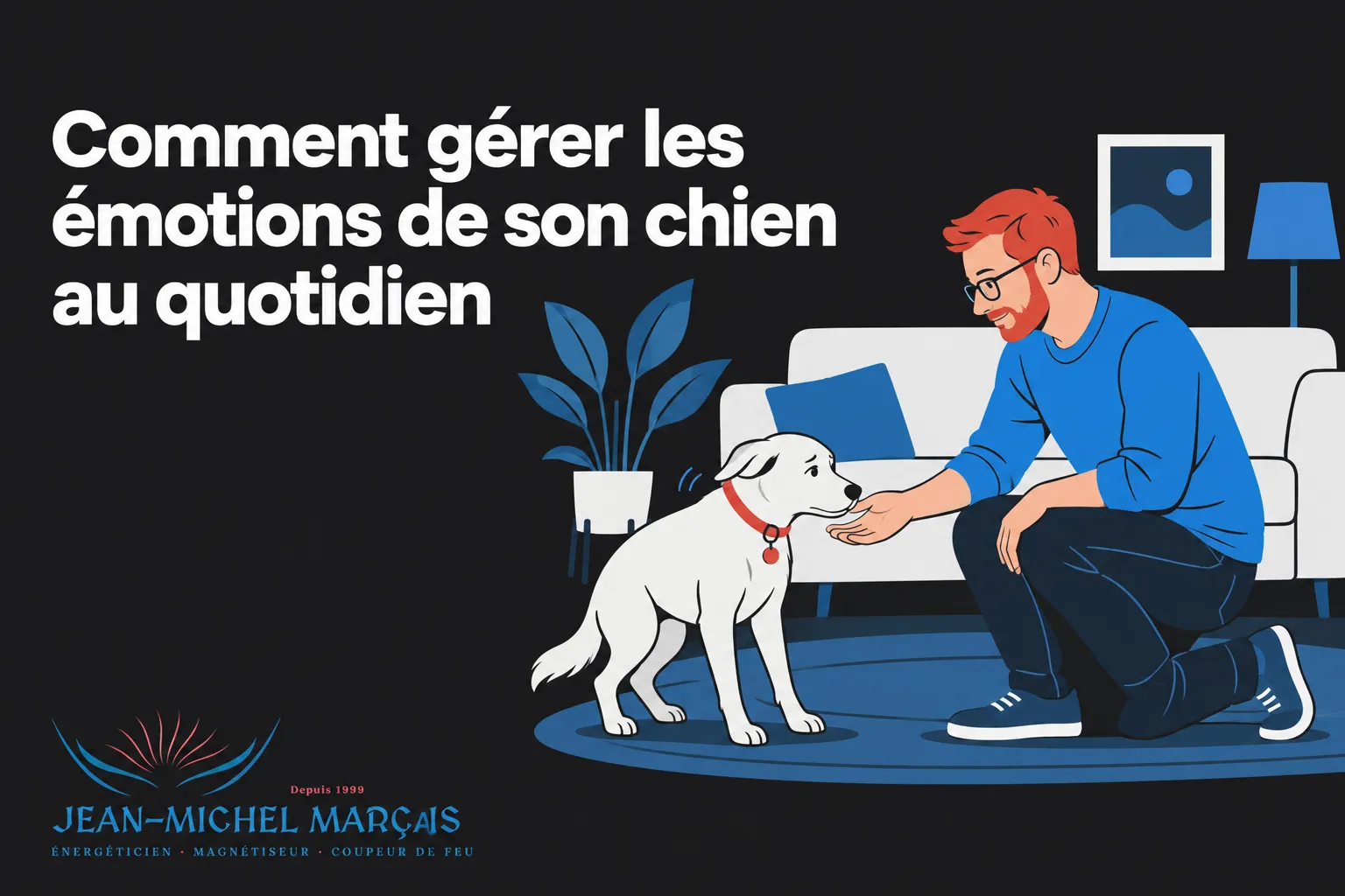 Un homme agenouillé tend la main à un chien blanc assis sur un tapis, dans un salon.