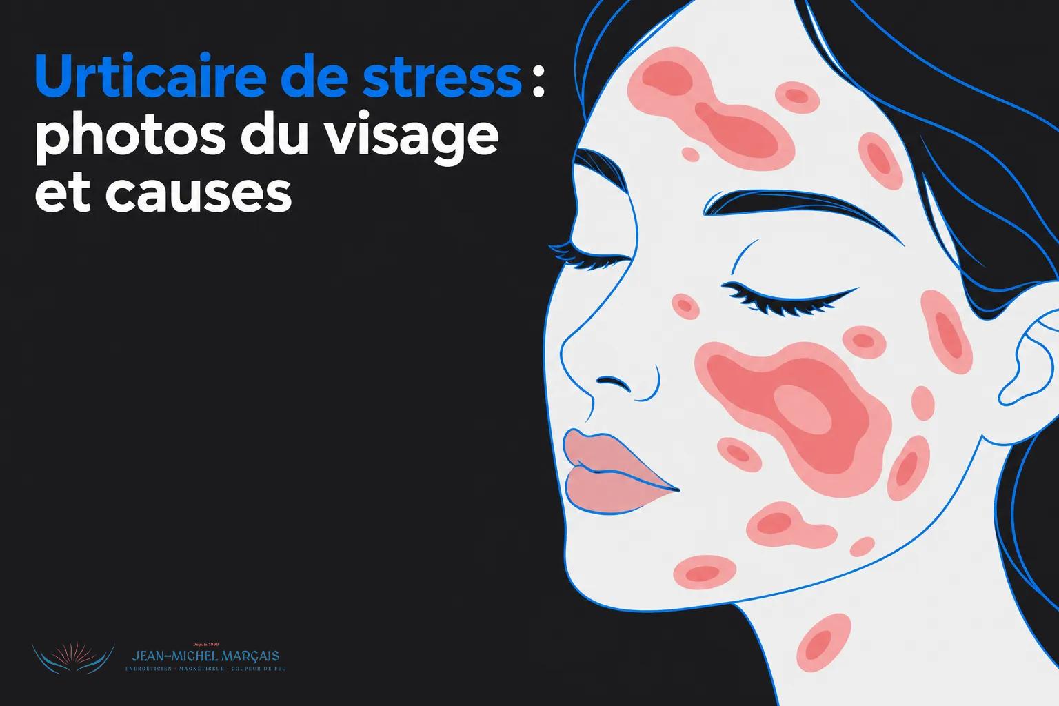 Illustration d’un visage féminin avec des plaques rouges décolorées et des lésions cutanées sur le front, les joues et le