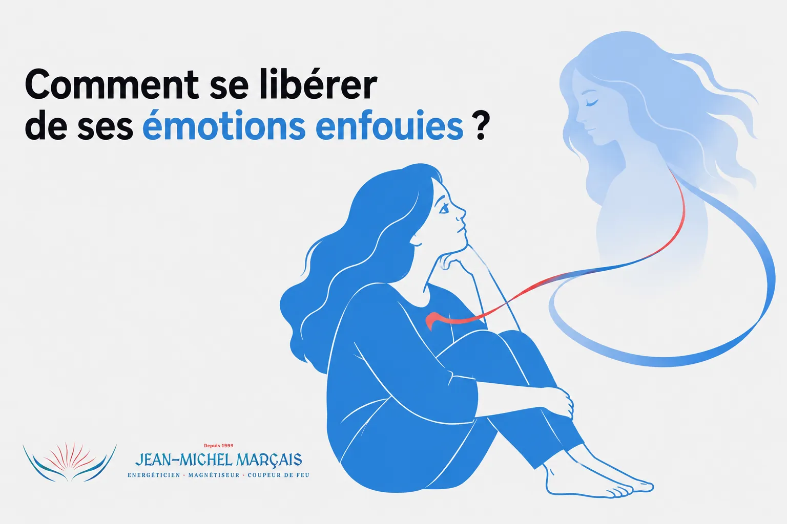 Une illustration montre une femme assise, les jambes repliées, regardant une silhouette translucide et lumineuse qui semble