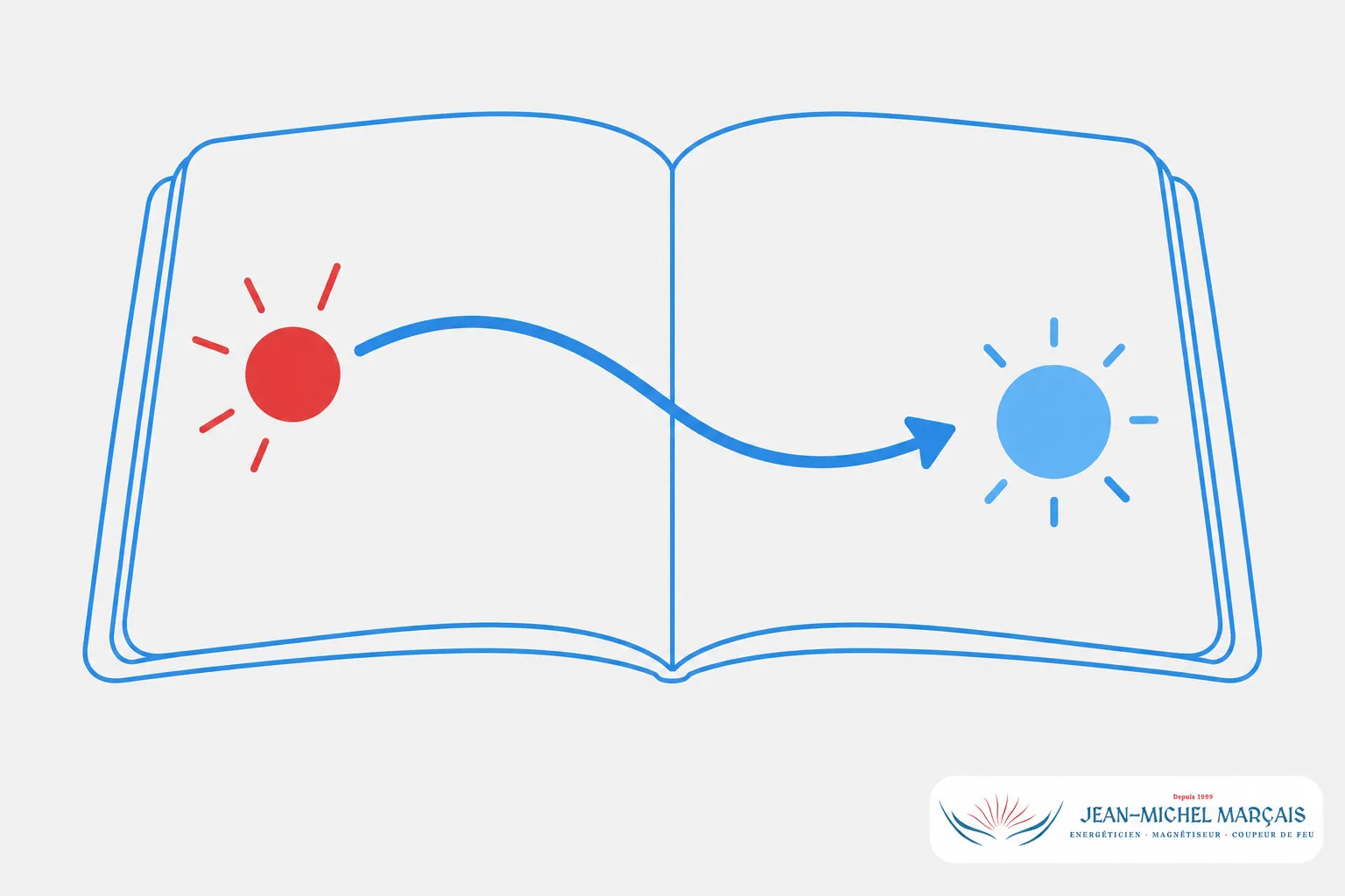 Livre ouvert avec le soleil rouge à gauche et le soleil bleu à droite reliés par une flèche courbe.
