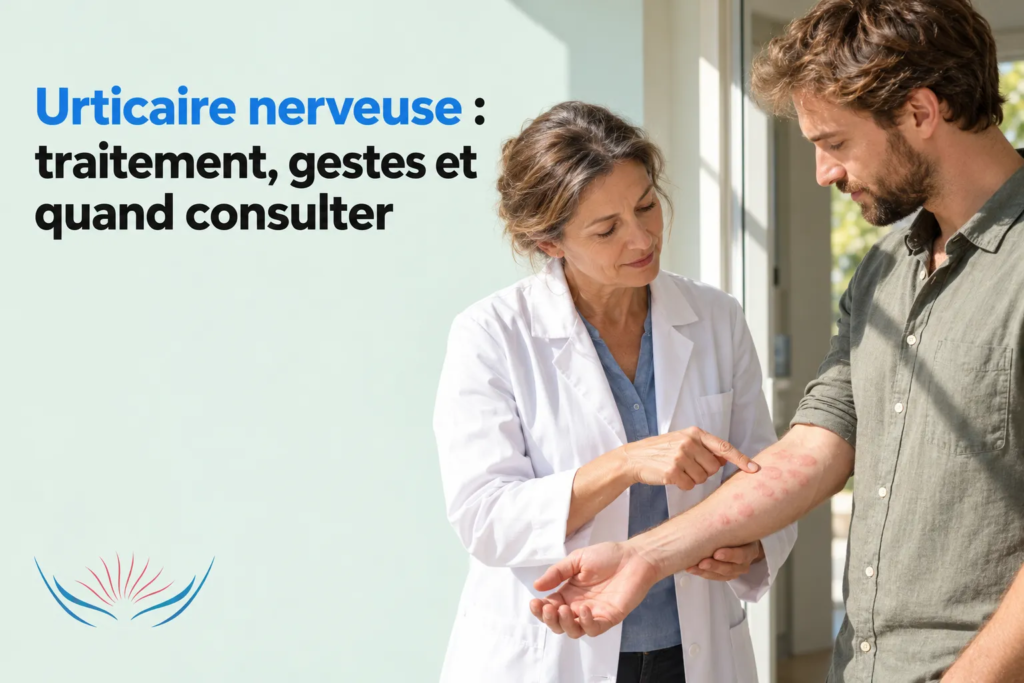 Une médecin montre à un homme une zone rouge sur son avant-bras.