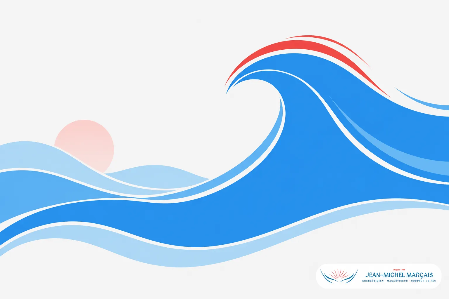 Ondes stylisées bleues et rouges avec un soleil en arrière-plan.