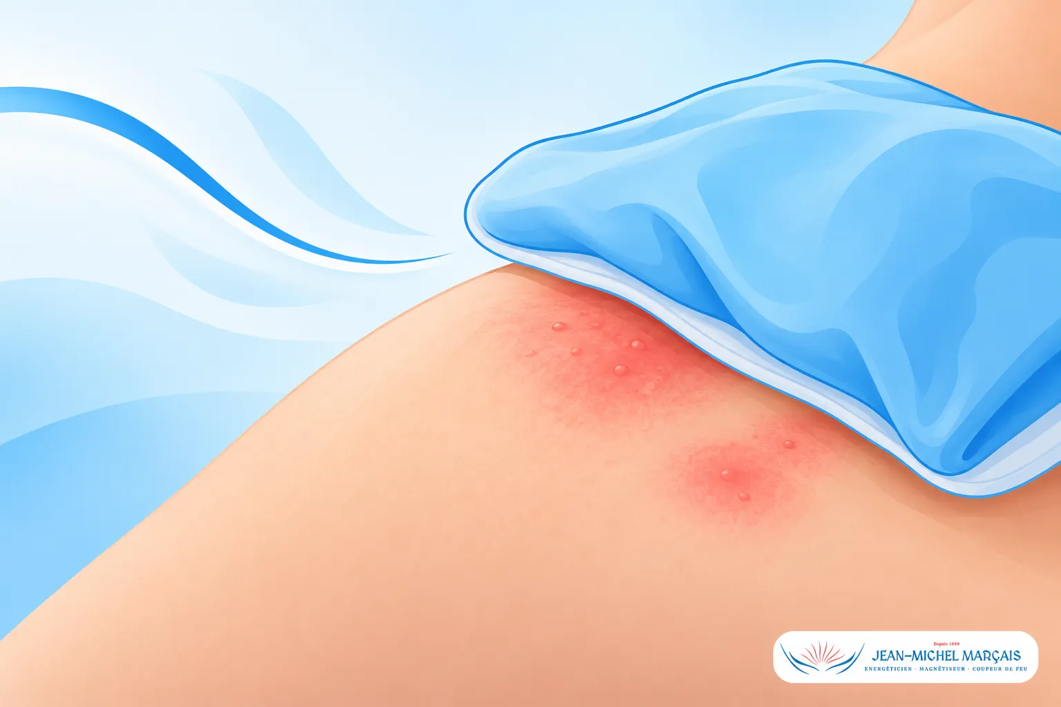 Pansement bleu couvrant une zone rouge et irritée sur la peau exposée sous un tissu bleu.