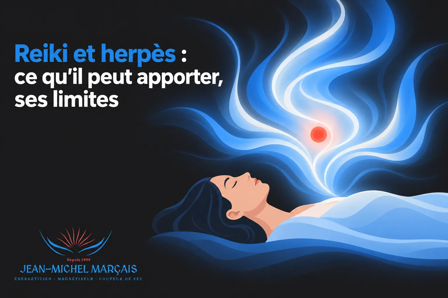 Une personne allongée sur le côté reçoit une représentation abstraite d’énergie bleue émanant d’elle.