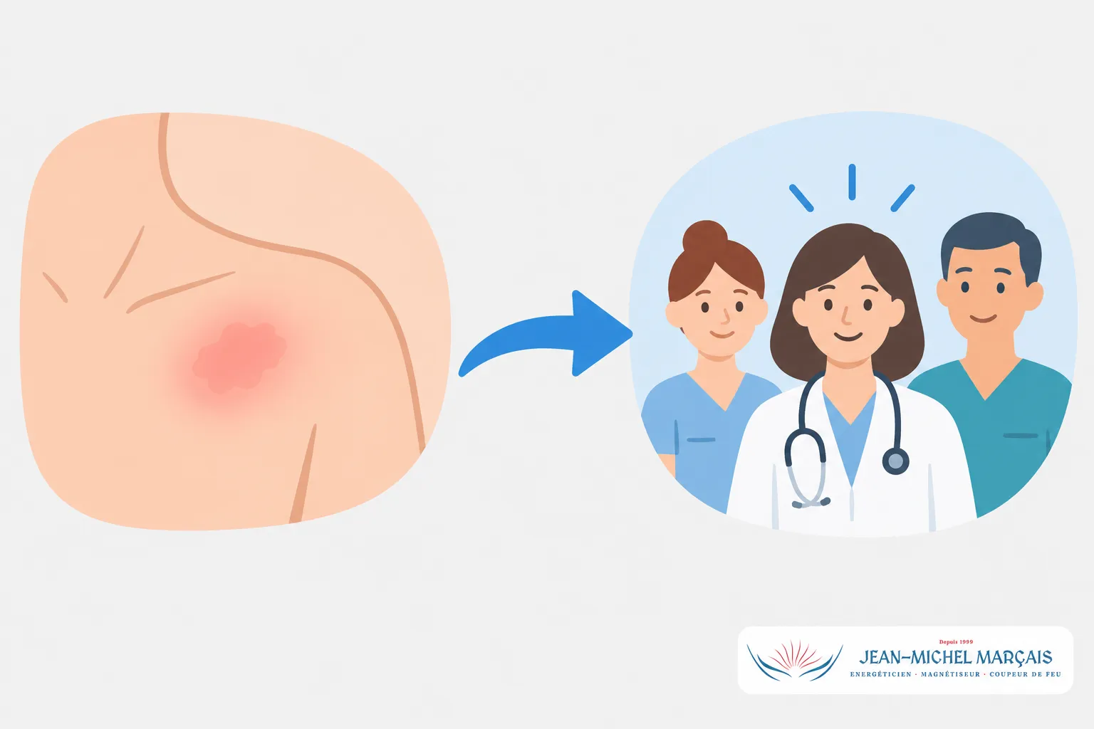 Coupeur de feu radiothérapie : ce que disent les données 3 Rougeur et irritation cutanée sur la peau du torse, avec flèche indiquant vers une équipe médicale comprise d’un médecin et
